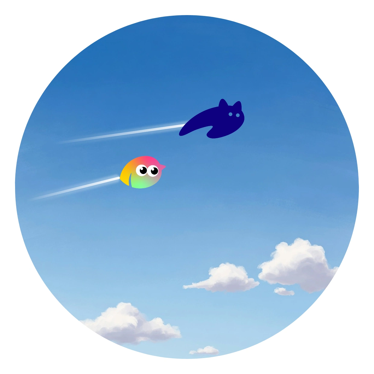 青空の円の中を飛ぶブラックキャット・カーニバルと trivlo のキャラクター